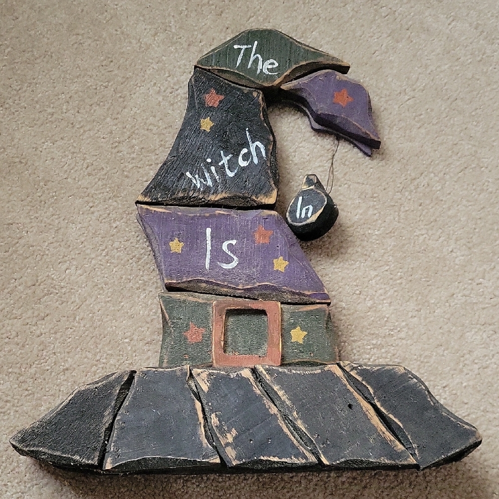 Halloween "The Witch Is In" Wooden Decor. Witch Hat.